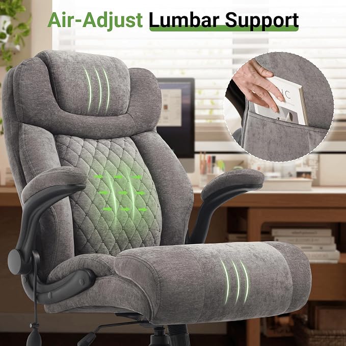 Office Chair, Big and Tall Executive Chairs with Lumbar Support for Back Pain, Breathable Fabric Desk Computer Chair with Adjustable Flip-up Armrests,Wide Cushion Swivel Home Office Chair Black,Grey