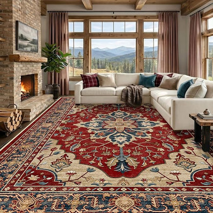 RELEANY Area Rugs Large 10'x12' Washable Non-Slip, Floral Vintage Distress Medallion Carpet for Living Room Bedroom Dining Room, Red Blue