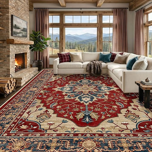 RELEANY Area Rugs Large 9'x12' Washable Non-Slip, Floral Vintage Distress Medallion Carpet for Living Room Bedroom Dining Room, Red Blue