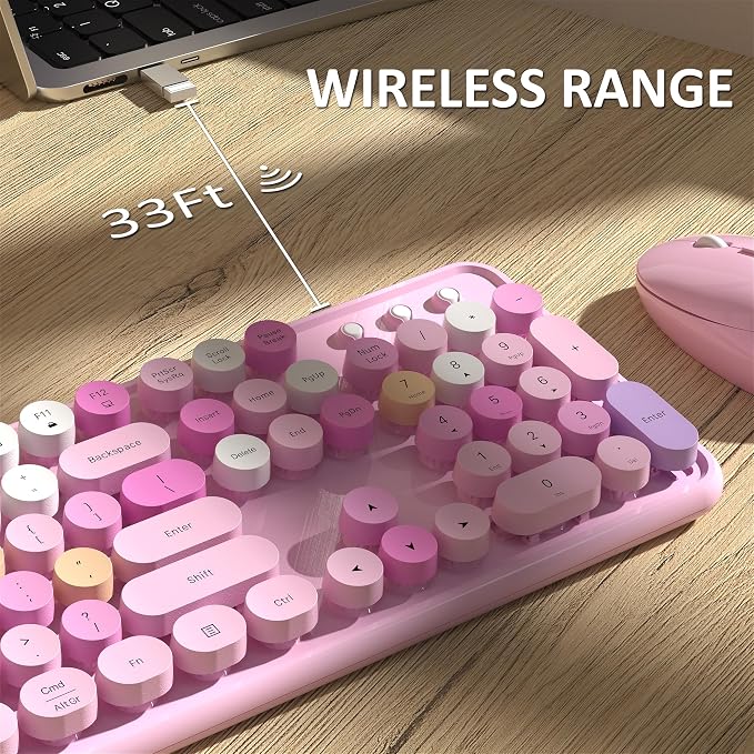 Links9+ Wireless Keyboard and Mouse, Full-Size Retro Typewriter Keyboard with Round Keycaps, 2.4GHz for Windows, Mac, Laptop, PC, Desktop (Pink Colorful)