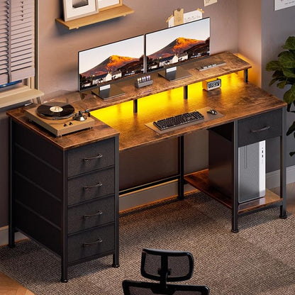 Korfile 47 Inch Gaming Desk with Power Outlets and LED Lights, Reversible Computer Desk with 5 Fabric Storage Drawers, Home Office Desk with Monitor Stand for Working Writing Study, Rustic Brown
