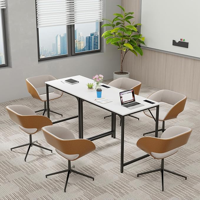 COSTWAY Home Office Desk, 32 Inch Computer Desk with Recessed Power Strip, Storage Bag & Headphone Hook, Wide Desktop, Modern Computer Workstation Writing Table for Home, Office (White + Black)