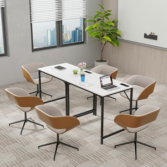 COSTWAY Home Office Desk, 32 Inch Computer Desk with Recessed Power Strip, Storage Bag & Headphone Hook, Wide Desktop, Modern Computer Workstation Writing Table for Home, Office (White + Black)