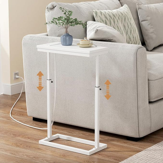 TUTOTAK End Table with Charging Station, Side Table, Tall Couch Table, Sofa Table, Living Room, Bedroom,White TB01BW084