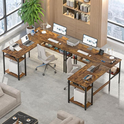 Reversible L Shaped Computer Desk with Power Outlets and USB Charging Ports, Sturdy Corner Desks with Storage Shelf, Modern Work Gaming Table for Home Office, Easy to Assemble, Rustic Brown