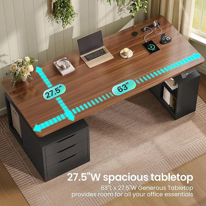SEDETA Modern Electric Standing Desk, 63" Height Adjustable Computer Desk with 3 Drawers, Storage Shelves, Power Outlets, Wood Home Office Stand up Desk for Work, Study, Writing, Black+ Brown