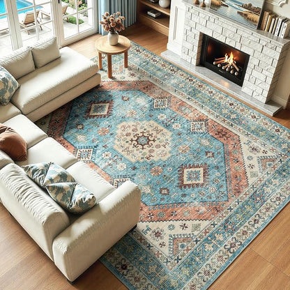 Lofus Vintage Living Room Rugs 8x10, Soft Machine Washable Area Rug for Bedroom Indoor Floor Home Office House Decor, Oriental Traditional Distressed Farmhouse Carpet, Boho Terracotta and Blue
