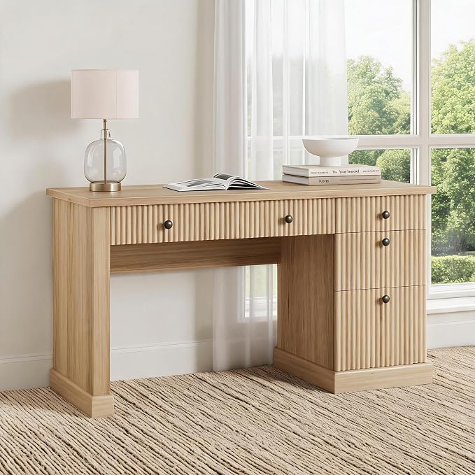 54" Executive Desk with Fluted Wave Board Design, Home Office Computer Desk with 3 Drawers and Storage Cabinet, Built-in USB Ports & Power Outlets, Modern Writing Table for Bedroom Natural Wood