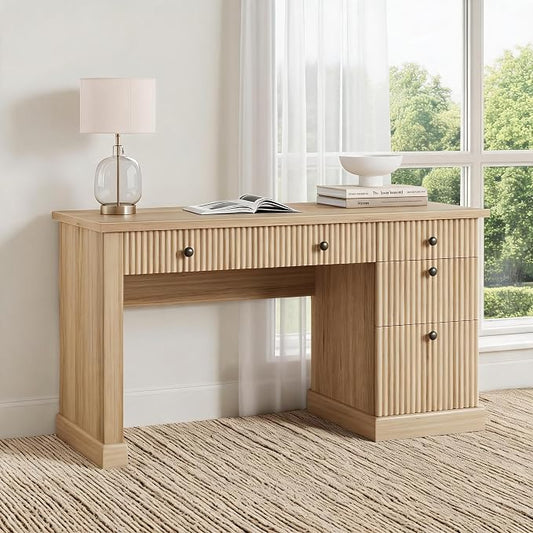 54" Executive Desk with Fluted Wave Board Design, Home Office Computer Desk with 3 Drawers and Storage Cabinet, Built-in USB Ports & Power Outlets, Modern Writing Table for Bedroom Natural Wood