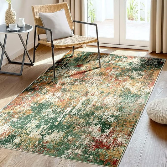 RELEANY Washable Area Rugs 3'x5' Non-Slip Modern Abstract Soft for Living Room Entryway Bedroom Kitchen, Print Pattern, Green Orange Rust Red Cream Colorful