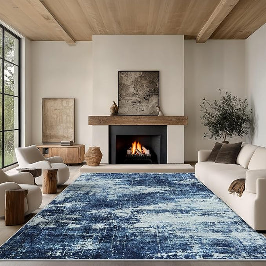 5x7 Area Rug Living Room Rugs - Washable Rug Large Modern Abstract Soft Thin Carpets Indoor Floor No Slip Vintage Carpet for Bedroom Under Dining Table Nursery Home Office Decor Deep Blue