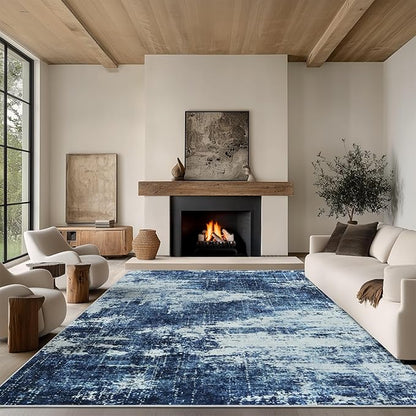 8x10 Area Rug Living Room Rugs - Washable Rug Large Modern Abstract Soft Thin Carpets Indoor Floor No Slip Vintage Carpet for Bedroom Under Dining Table Nursery Home Office Decor Deep Blue