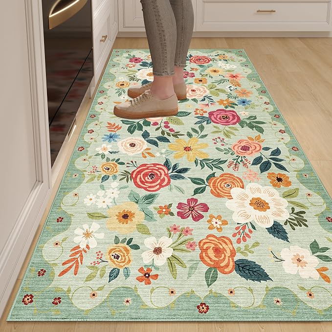 DUKINO 3x6 Runner Rug, Washable Soft Floral Hallway Runner Rug with Non Slip, Low Pile Thin Floor Carpet for Kitchen, Bathroom, Entryway, Laundry, Entryway, Green