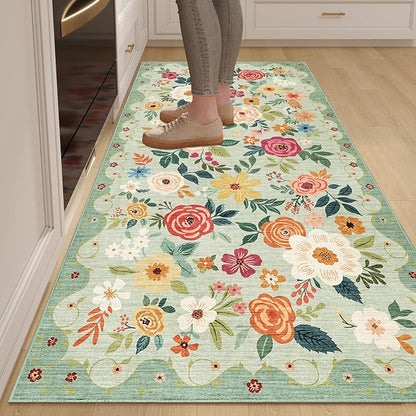 DUKINO 3x6 Runner Rug, Washable Soft Floral Hallway Runner Rug with Non Slip, Low Pile Thin Floor Carpet for Kitchen, Bathroom, Entryway, Laundry, Entryway, Green