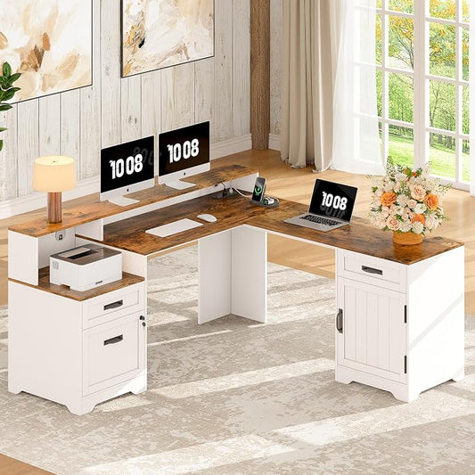 Whalefall 63'' Farmhouse L Shaped Desk with Monitor Stand Shelves, White | Corner Computer Desk with Drawers, Executive Home Office L Desk with File Cabinet Storage and Charging Station