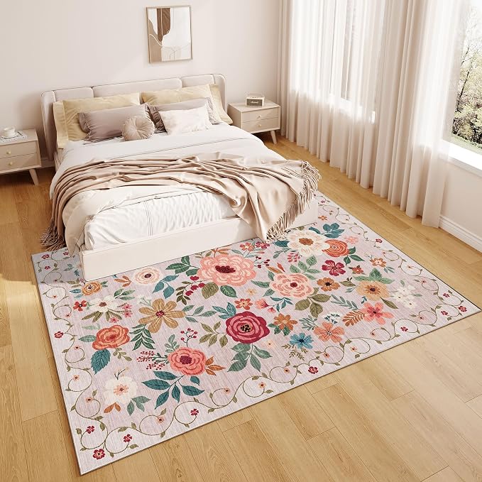 DUKINO 9x12 Area Rug, Floral Rugs for Living Room, Lightweight Non Slip Washable Rug, Indoor Low Pile & Non-Shedding Boho Design Rugs for Bedroom, Living Room, Dining Room, Beige