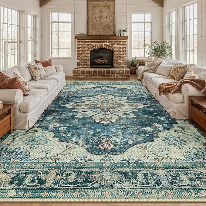 RELEANY Area Rugs Large 10'x14' Washable Non-Slip, Floral Vintage Distress Medallion Carpet for Living Room Bedroom Dining Room, Dark Blue Vintage