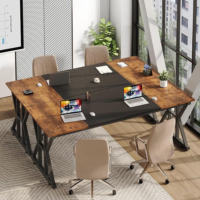 TVU 63-Inch Executive Desk, Large Office Desk with Thicken Frame, Computer Desk Modern Simple Desk for Home Office, Rustic Brown/Black