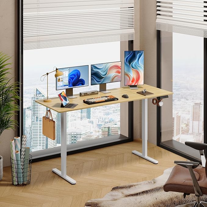 DEVAISE 71 Inch Electric Standing Desk, 3 Adjustable Computer Desk for Home Office, Ergonomic Sit to Stand Desk with LED Touchscreen，Headphone Hook, 3 Memory Preset, with Split Top, Maple
