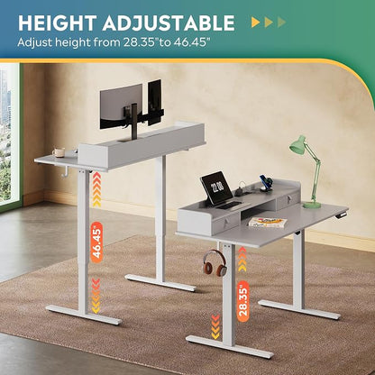 DEVAISE 48 Inch Electric Standing Desk with Shelf, Adjustable Computer Desk for Home Office, with LED Touchscreen，Headphone Hook, 3 Memory Preset, with One-Piece Desktop, White