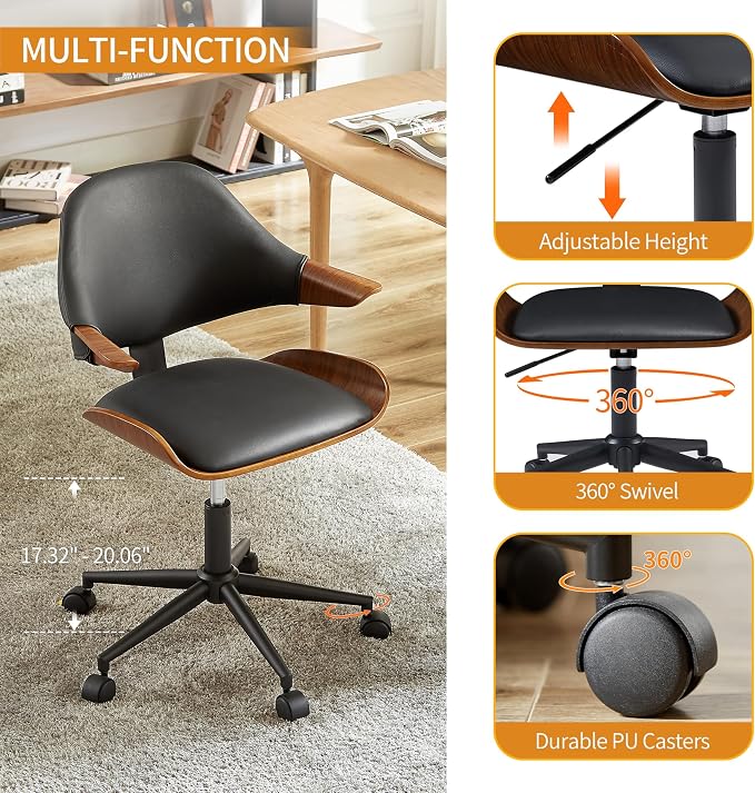 Art Leon Swivel Desk Chair, Mid Century Modern Office Chair with Wheels, Faux Leather Upholstered Arm Chair, Adjustable Height Task Chair with Metal Base, Black