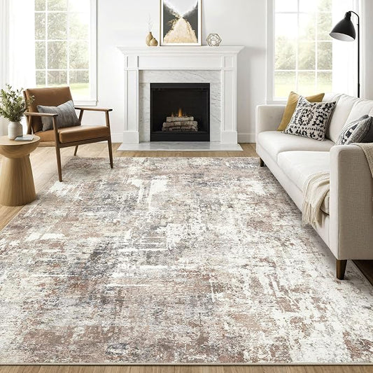LOONGRUG 7x9 Area Rug Living Room: Machine Washable Large Abstract Soft Rugs Stain Resistant Indoor Floor Non Slip Accent Carpet for Bedroom Nursery Playroom Office Dining Room Dorm Home House- Brown