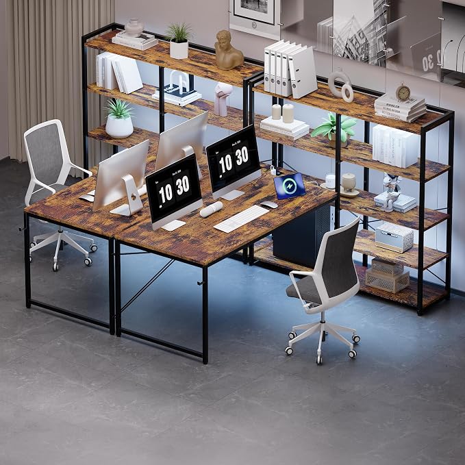 Pamray L Shaped Computer Desk with Reversible Side Storage Shelves, 49 Inch Gaming Desk with Power Outlets and Led Lights, PC Table for Home Office and Bedroom Vintage
