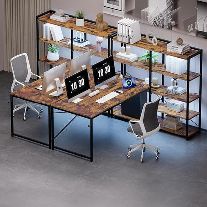 Pamray L Shaped Computer Desk with Reversible Side Storage Shelves, 49 Inch Gaming Desk with Power Outlets and Led Lights, PC Table for Home Office and Bedroom Vintage