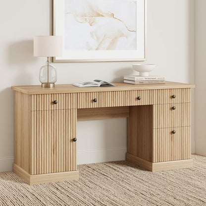 Garvee 60" Office Desk with Storage & Drawers, Fluted Wood Executive Desk with File Drawer & Charging Station, Modern Computer Desk with Adjustable Shelves for Home Office, Oak