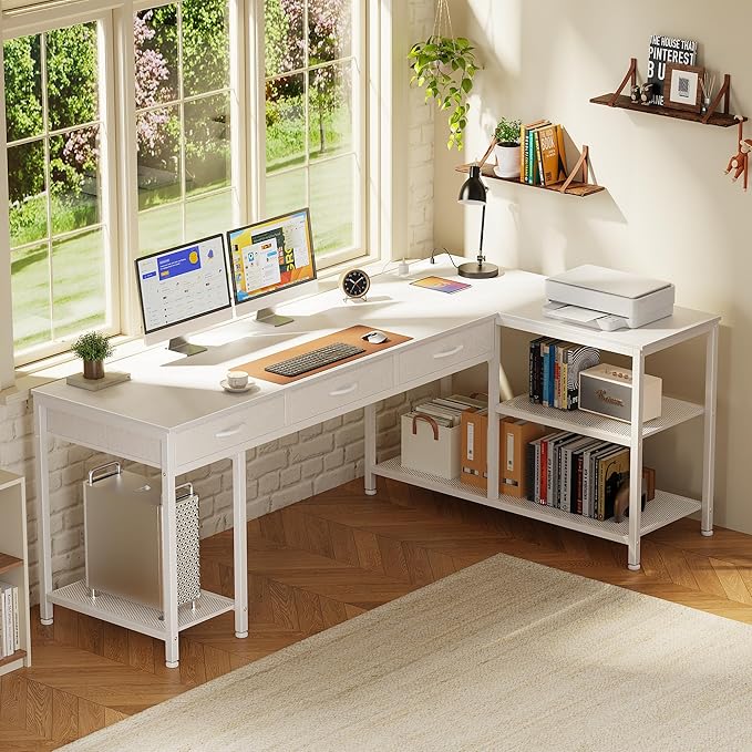 PRAISUN 63 Inch L Shaped Office Desk with Power Outlets and Type-C Port, Large Computer Gaming Desk with 3 Fabric Drawers, Mesh Shelves, Corner Study Work Writing Desk, White