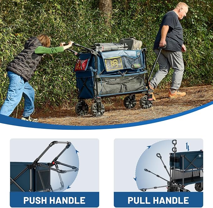 TIMBER RIDGE Push & Pull Double Decker Wagon, 400L Large Capacity Heavy Duty & 450lb Load, Collapsible Cart with All-Terrain Wheels & Brakes, 54” Extended Foldable for Sports, Beach, Camping, Blue