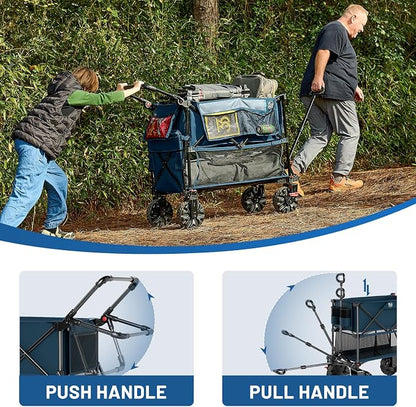 TIMBER RIDGE Push & Pull Double Decker Wagon, 400L Large Capacity Heavy Duty & 450lb Load, Collapsible Cart with All-Terrain Wheels & Brakes, 54” Extended Foldable for Sports, Beach, Camping, Blue