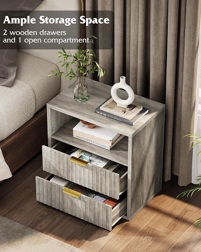 WLIVE Fluted Night Stand Set 2, Wood Nightstands Sets of 2 with Storage Drawers and Open Shelf, Mid Century Modern Bed Side Tables for Bedroom, Dorm, Greige