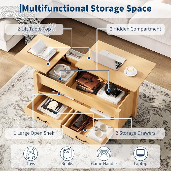 IDEALHOUSE 47.2" Coffee Table with Storage, Multi-Function Lift Top Coffee Table with Wooden Lift Tabletop, 2 Drawers and Hidden Compartment, Central Table for Living Room Home Office, Natural