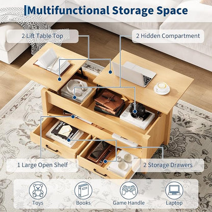 IDEALHOUSE 47.2" Coffee Table with Storage, Multi-Function Lift Top Coffee Table with Wooden Lift Tabletop, 2 Drawers and Hidden Compartment, Central Table for Living Room Home Office, Natural