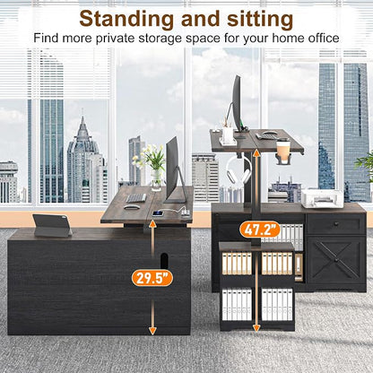 St.Mandyu 55" L Shaped Electric Standing Desk with File Drawer & Sliding Door, Height Adjustable Sit Stand Corner Computer Desk with Power Outlets, Drawers & Cup Holder for Home Office, Black