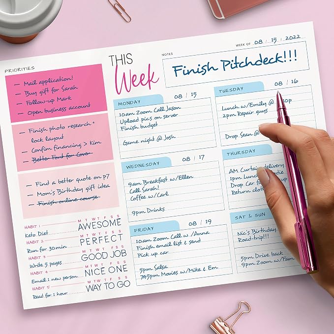 Weekly Planner Pad - Undated Planner - To Do List Notepad - Habit Tracker - 11 x 8.5" - 52 Tear-Off Sheets - Daily Planner Undated for Home Work Office Business - Goal Planner - Cute Planner (Pink)