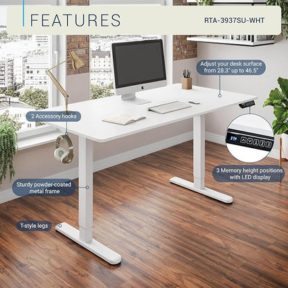 Techni Mobili 48” W Electric Standing Desk, Height Adjustable Sit-to-Stand Desk with 3 Memory Presets and Dual Accessory Hooks, Computer Workstation for Home or Office (White)