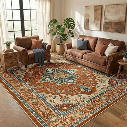 RELEANY Area Rugs 5'x8' Washable Non-Slip, Floral Vintage Distress Medallion Carpet for Living Room Bedroom Dining Room, Red Orange Blue Brown
