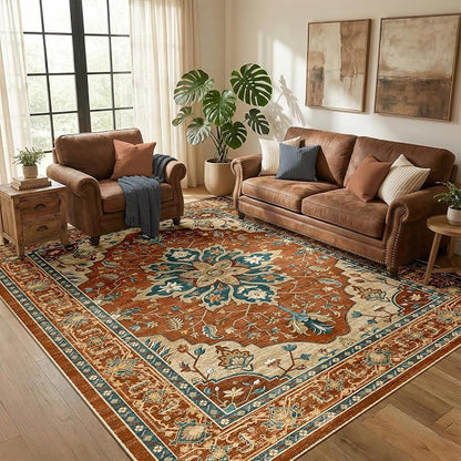 RELEANY Area Rugs 5'x7' Washable Non-Slip, Floral Vintage Distress Medallion Carpet for Living Room Bedroom Dining Room, Red Orange Blue Brown