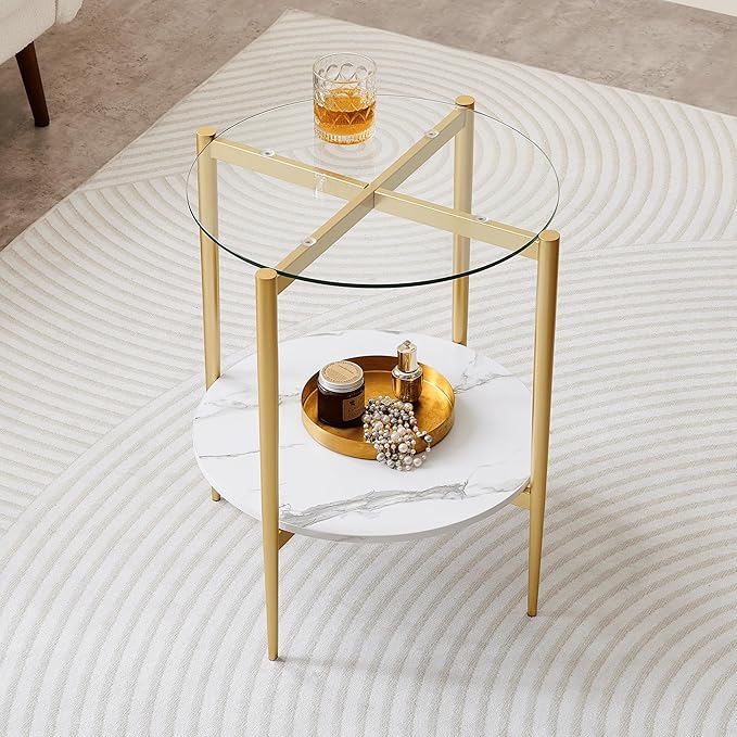 LumFurn Round Glass End Table, Mid-Century Modern Design Sofa Table for Living Room, D18 x H23 in, 2-Tier Structure, Clear Glass Top and White Marble Shelf, Sleek Conical Legs with Gold Finish Frame