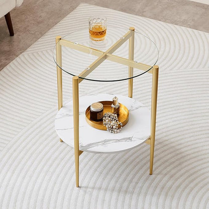 LumFurn Round Glass End Table, Mid-Century Modern Design Sofa Table for Living Room, D18 x H23 in, 2-Tier Structure, Clear Glass Top and White Marble Shelf, Sleek Conical Legs with Gold Finish Frame