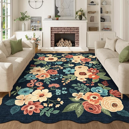 DUKINO 5x7 Area Rug, Floral Washable Rugs for Living Room with Non Slip Backing & Non-Shedding, Lightwight Low Pile Boho Design Large Carpets for Bedroom, Living Room, Dining Room, Navy Blue