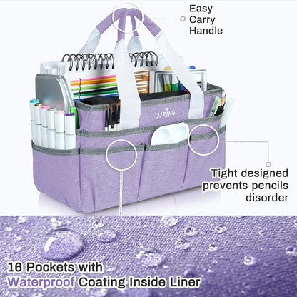JJRING Craft Organizer Tote Bag, Art Storage Caddy with Multiple Pockets, Lilac Sewing Bag for Art, Craft, Scrapbooking, Medical, and Office Supplies Storage