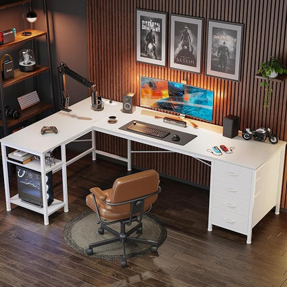 Huuger 63 Inch L Shaped Desk with Fabric Drawers, Reversible Computer Gaming Desk with Power Outlets and USB-C Port, Adjustable Side Storage Shelves, for Work Study Corner Home Office, White