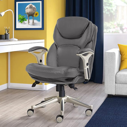 Serta Claremont Executive Office Chair with Back-In-Motion Technology, Ergonomic Mid-Back with Pivot Lumbar Support and Seat, Plush Cushion, Body Pillows, Adjustable Arms, Bonded Leather, Gray