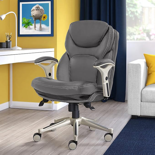 Serta Claremont Executive Office Chair with Back-In-Motion Technology, Ergonomic Mid-Back with Pivot Lumbar Support and Seat, Plush Cushion, Body Pillows, Adjustable Arms, Bonded Leather, Gray