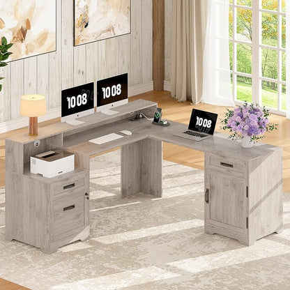 Whalefall 63'' Farmhouse L Shaped Desk with Monitor Stand Shelves, Gray | Corner Computer Desk with Drawers, Executive Home Office L Desk with File Cabinet Storage and Charging Station