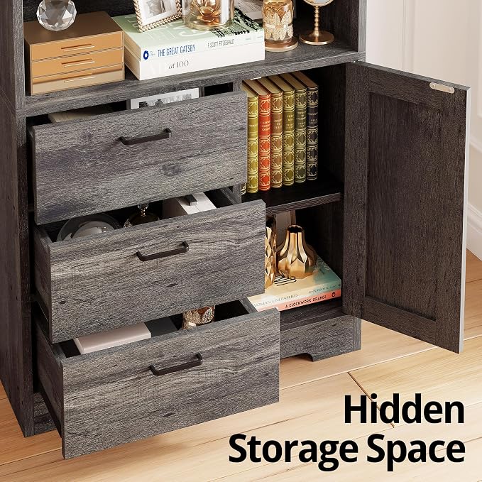 IRONCK Bookshelf with Doors and 3 Drawers 71 in Tall Bookcase with 3-Tier Shelves, Industrial Book Shelf with Storage for Living Room Entrance Hallway Home Office