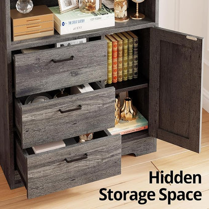IRONCK Bookshelf with Doors and 3 Drawers 71 in Tall Bookcase with 3-Tier Shelves, Industrial Book Shelf with Storage for Living Room Entrance Hallway Home Office